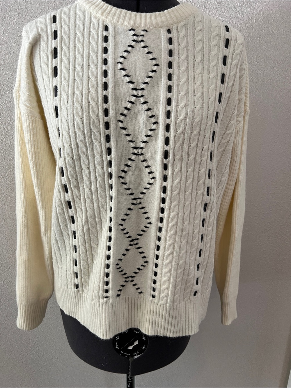 Cyrus Cream Cable-Knit Crewneck Sweater with Black Stitching